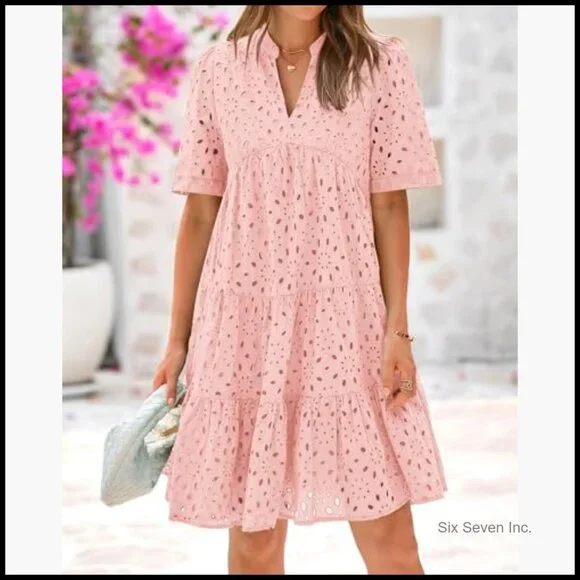 V Neck Short Sleeve Hollow Out Lace Ruffle Casual Mini Dress